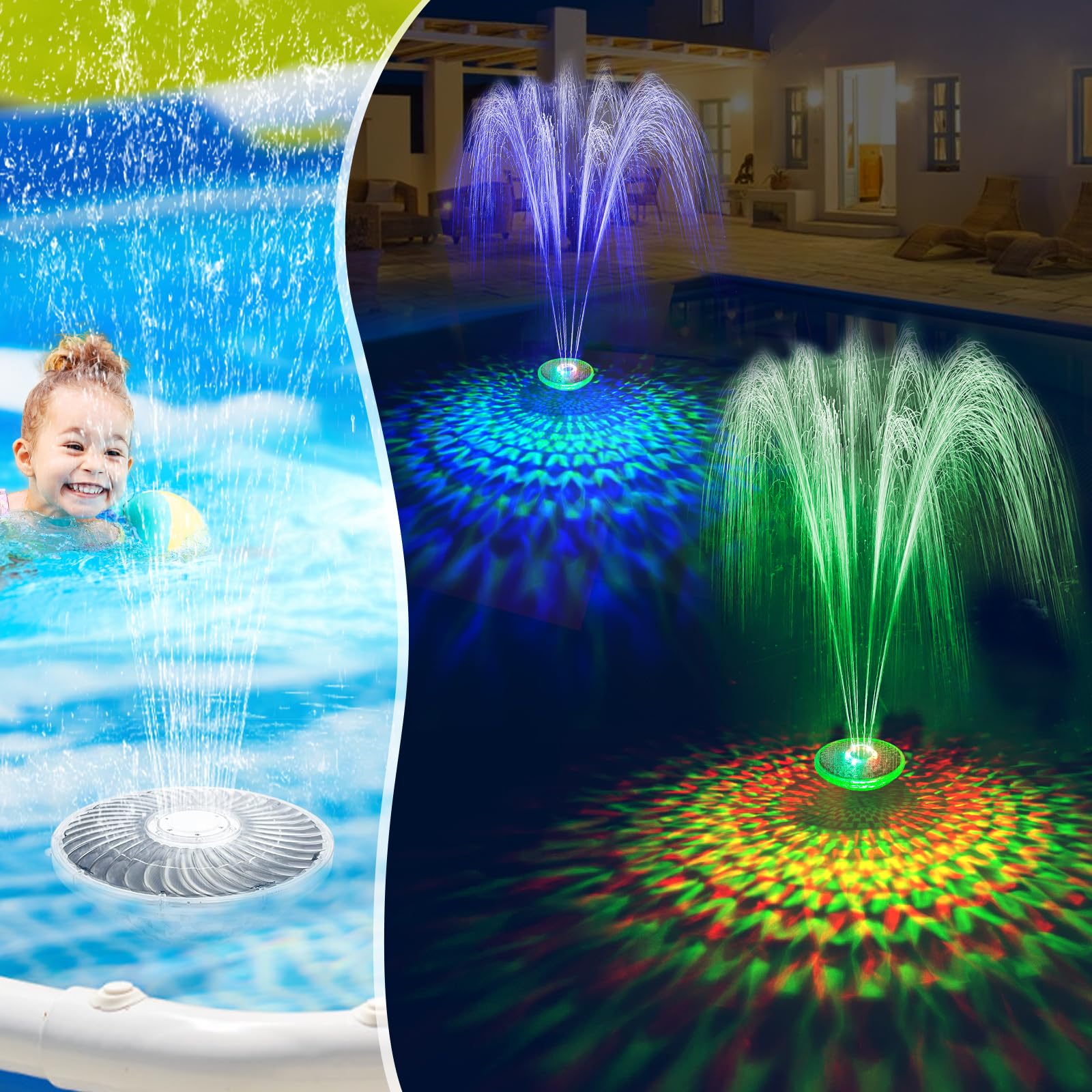 Uniwater Solar Pool Fountain with Light Show, 2024 Upgraded Large Solar Pool Water Fountain, 2 Spray Modes Floating Pool Fountain for Above Ground Pool,Solar Floating Fountain Pump for Pool Pond-1pk