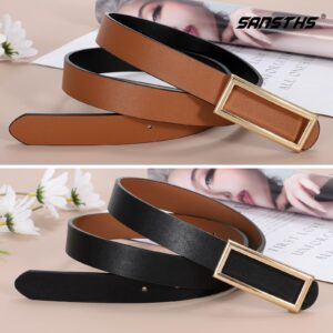 SANSTHS Skinny Reversible Belts for Women, Two-in-one Women Thin Belt for Dresses Jeans Pants with Gold Buckle, Black/Brown S