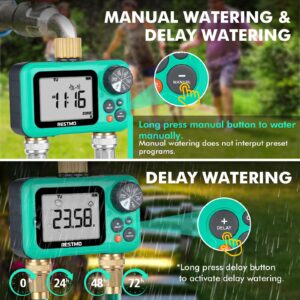 RESTMO Sprinkler Timer with Brass Inlet & Outlet, 2 Zone Programmable Water Timer for Garden Hose, 3 Separate Programs Hose Timer, Manual/Rain Delay/Automatic Watering for Drip Irrigation and Lawn