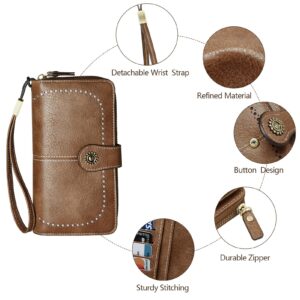 TFKGS Wallet for Women RFID Blocking Leather Large Capacity Card Holder Ladies Phone Clutch Travel Long Purse Wristlet Brown