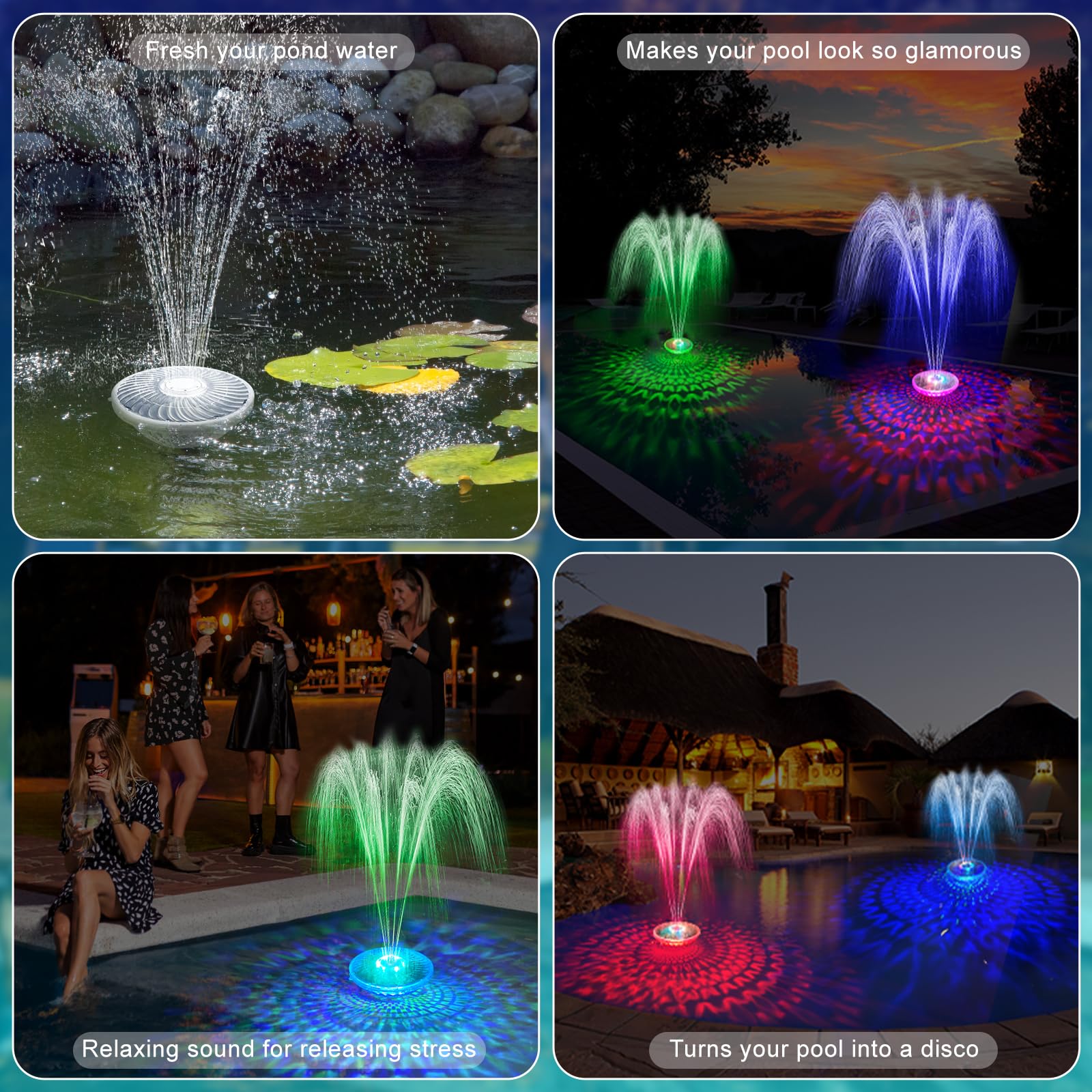 Uniwater Solar Pool Fountain with Light Show, 2024 Upgraded Large Solar Pool Water Fountain, 2 Spray Modes Floating Pool Fountain for Above Ground Pool,Solar Floating Fountain Pump for Pool Pond-1pk