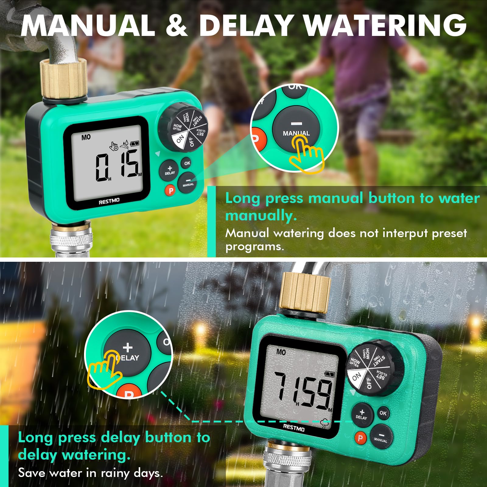 RESTMO Sprinkler Timer with Brass Inlet & Outlet, 3 Separate Programs Hose Timer, Programmable Water Timer for Garden Hose, Manual | Rain Delay | Automatic Watering System for Drip Irrigation and Lawn