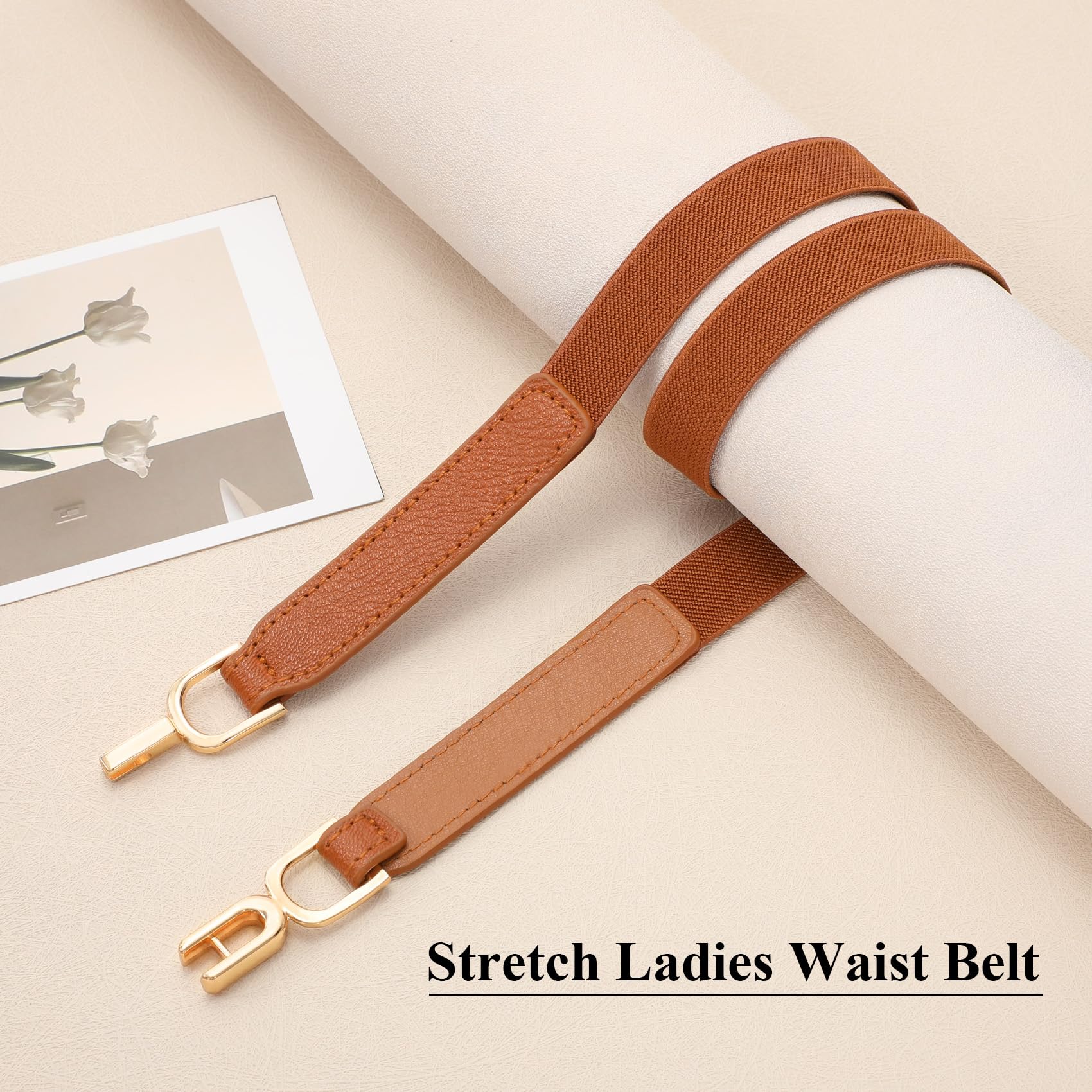 XZQTIVE Women Elastic Thin Belts for Dress Skinny Stretch Plus Size Black Brown Waist Belts with Fashion Gold Buckle Set of 2(90CM, BLACK+BROWN)