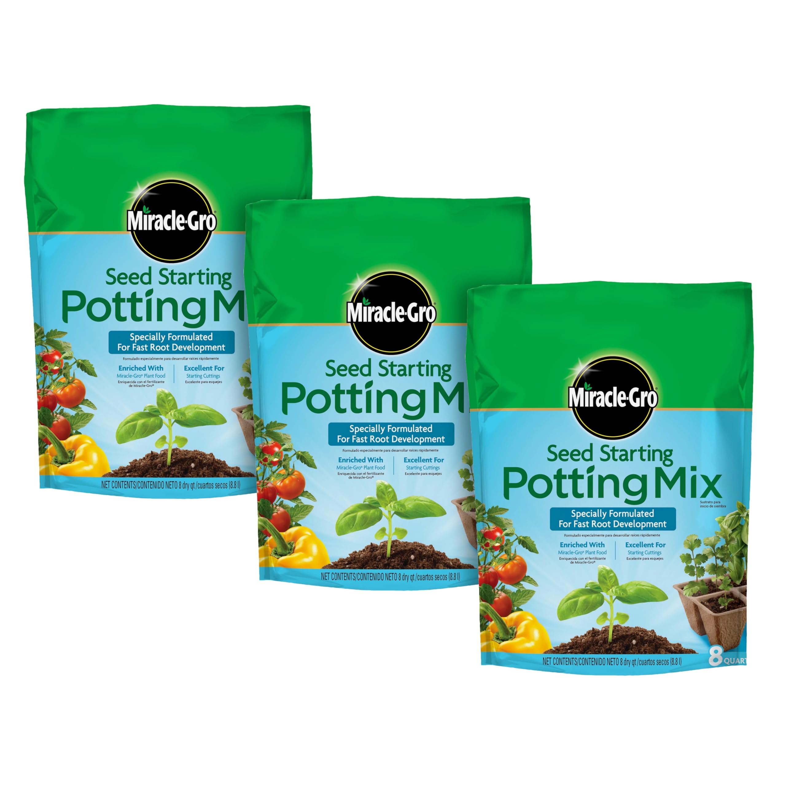 Miracle-Gro Seed Starting Potting Mix, Enriched with Plant Food, For Starting Seeds or Cuttings in Containers, 8 qt., 3-Pack