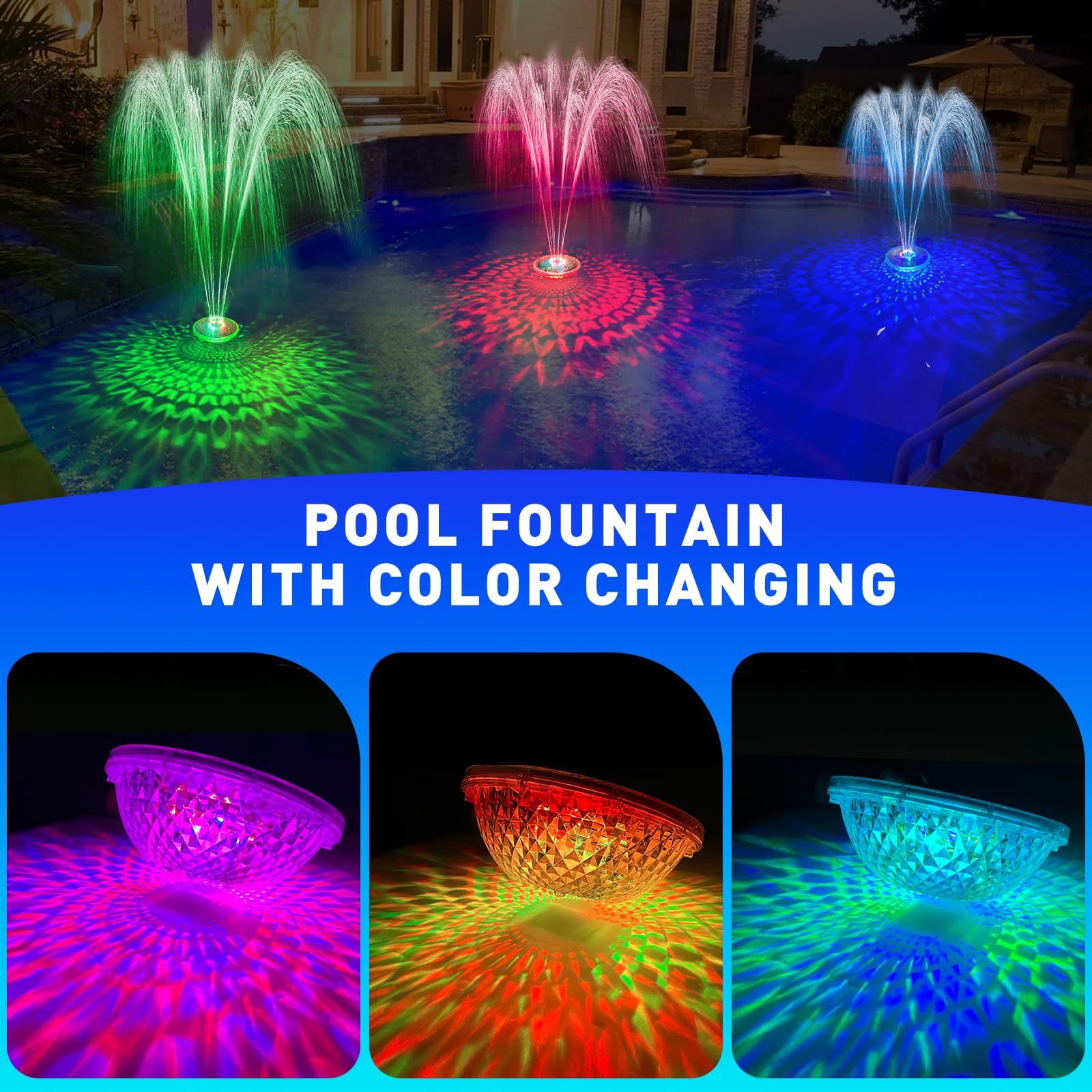 Uniwater Solar Pool Fountain with Light Show, 2024 Upgraded Large Solar Pool Water Fountain, 2 Spray Modes Floating Pool Fountain for Above Ground Pool,Solar Floating Fountain Pump for Pool Pond-1pk