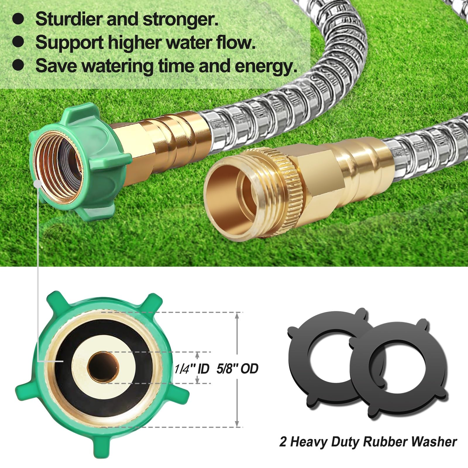 Metal Garden Hose 100FT, Stainless Steel Heavy Duty Water Hose with Brass Nozzle, Sturdy and Lightweight, No Kink & Tangle, Easy to Use & Store, Suitable for Yard and Lawn