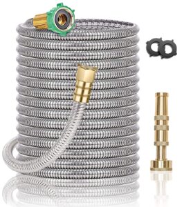 metal garden hose 100ft, stainless steel heavy duty water hose with brass nozzle, sturdy and lightweight, no kink & tangle, easy to use & store, suitable for yard and lawn