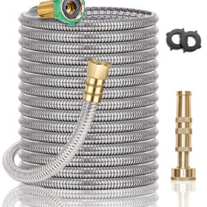 Metal Garden Hose 100FT, Stainless Steel Heavy Duty Water Hose with Brass Nozzle, Sturdy and Lightweight, No Kink & Tangle, Easy to Use & Store, Suitable for Yard and Lawn