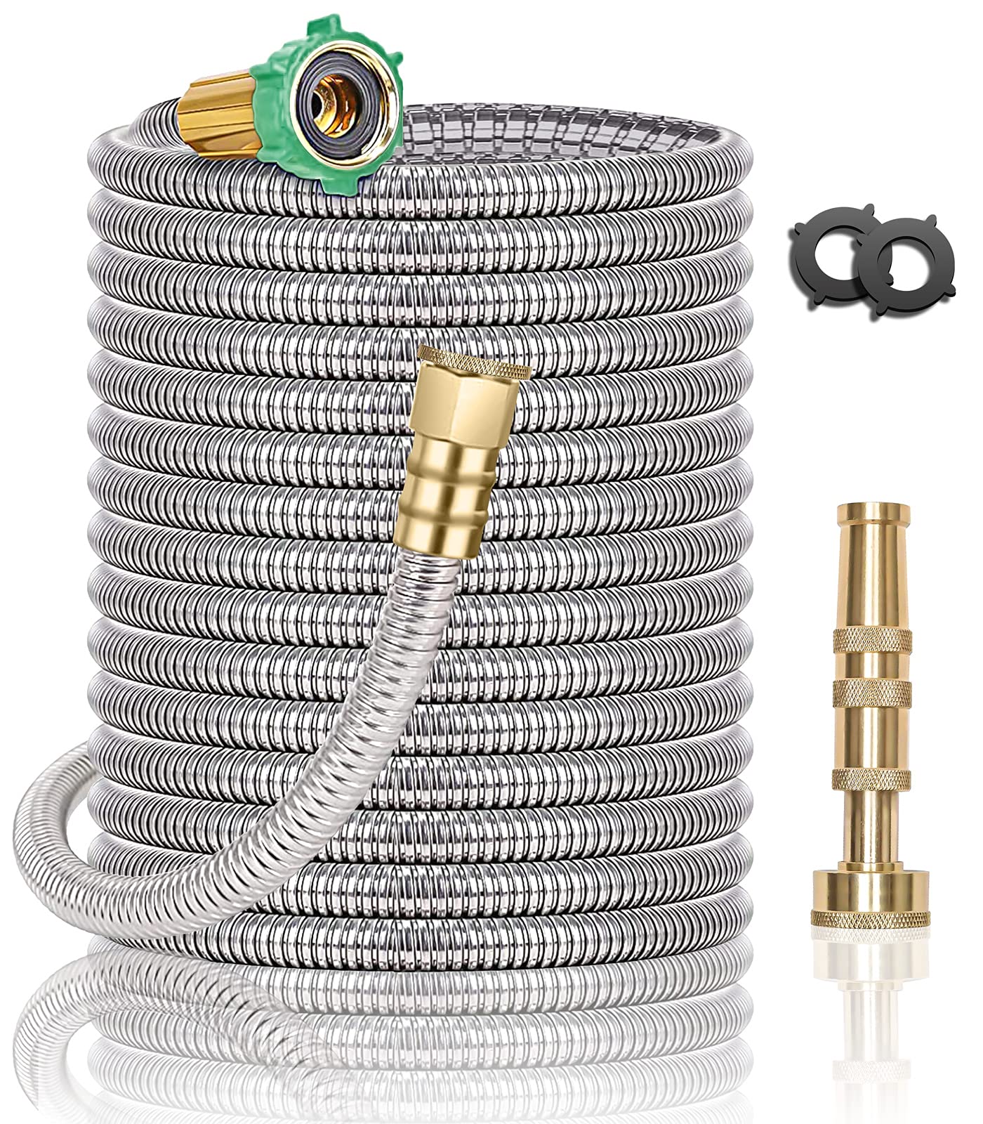 Metal Garden Hose 100FT, Stainless Steel Heavy Duty Water Hose with Brass Nozzle, Sturdy and Lightweight, No Kink & Tangle, Easy to Use & Store, Suitable for Yard and Lawn