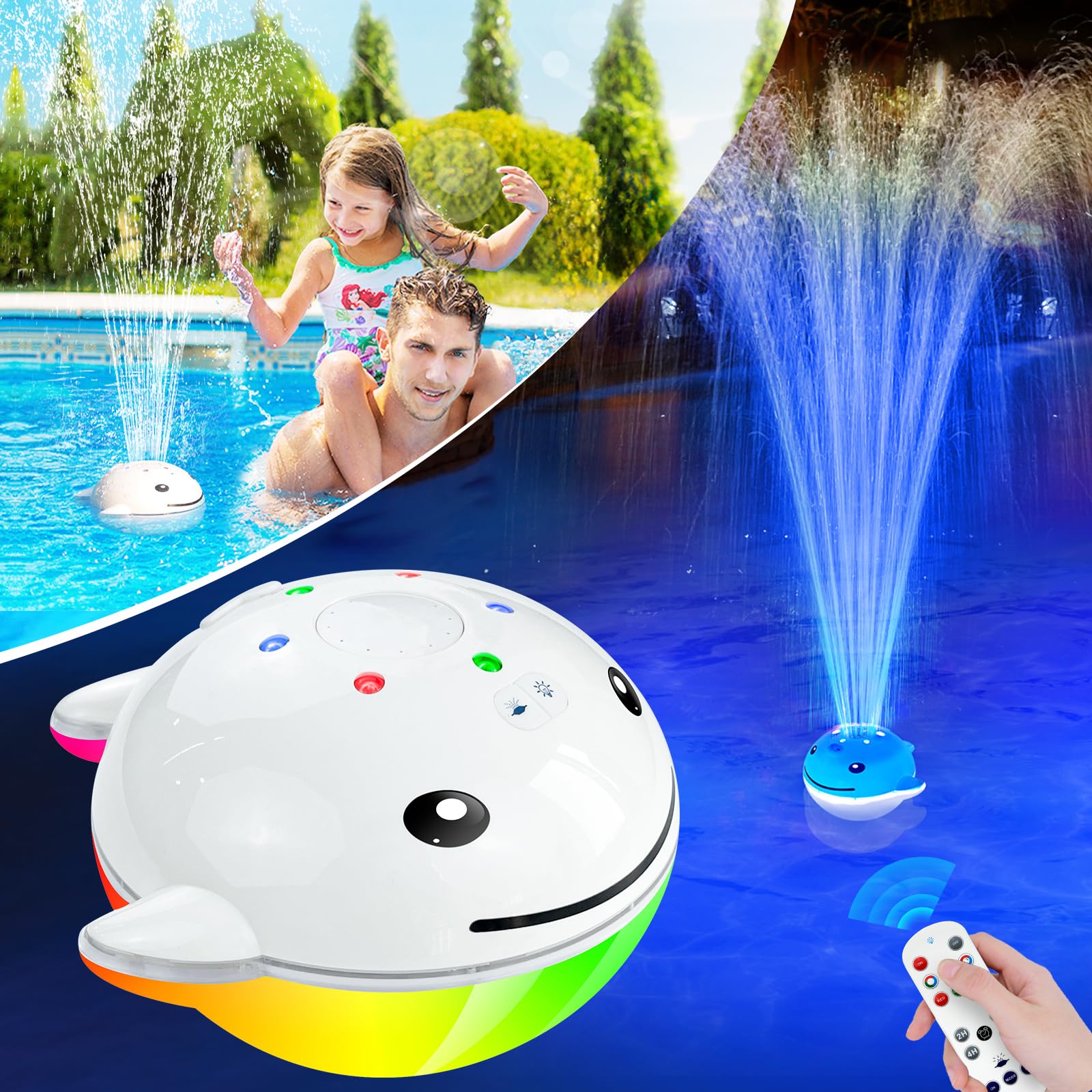 UniWater Floating Pool Fountain with Lights,2024 Upgraded Rechargeable Pool Water Fountain with Remote,Whale Swimming Pool Fountain,Floating Fountain Pump for Inground Above Ground Pool-1PC