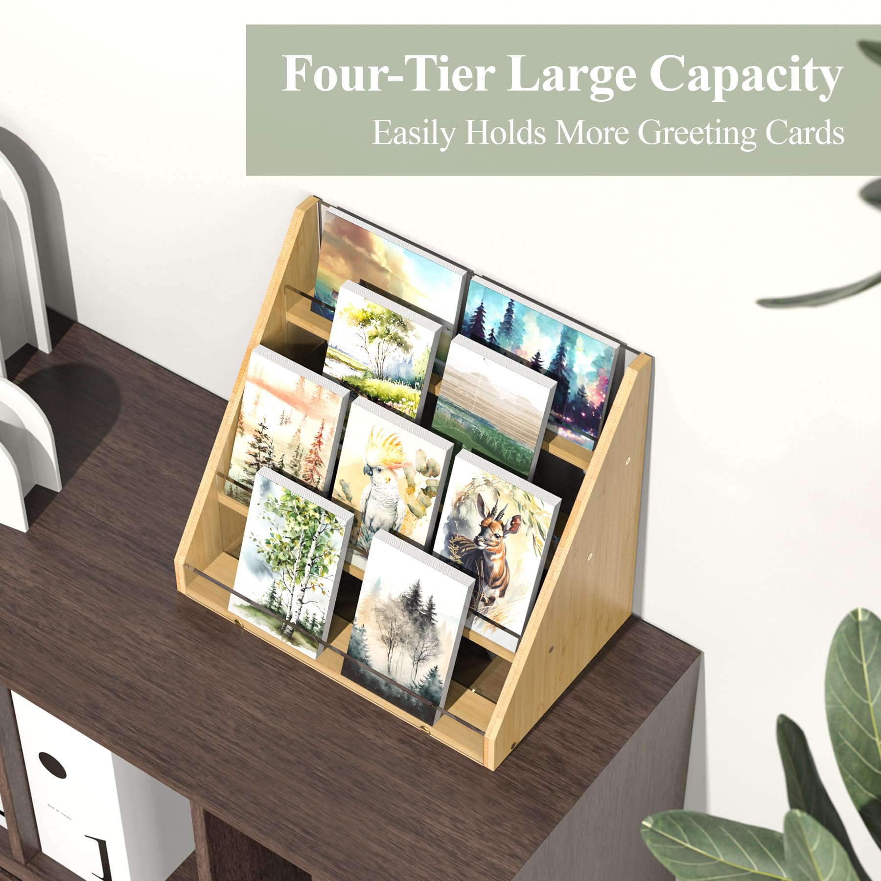 NiHome 4-Tier Bamboo & Acrylic Greeting Card Display Stand for Cards, Photos, Postcards - Durable Stylish Showcase Organizer with High-Transparency Panels for Home, Wedding, Birthday Decor & Keepsakes