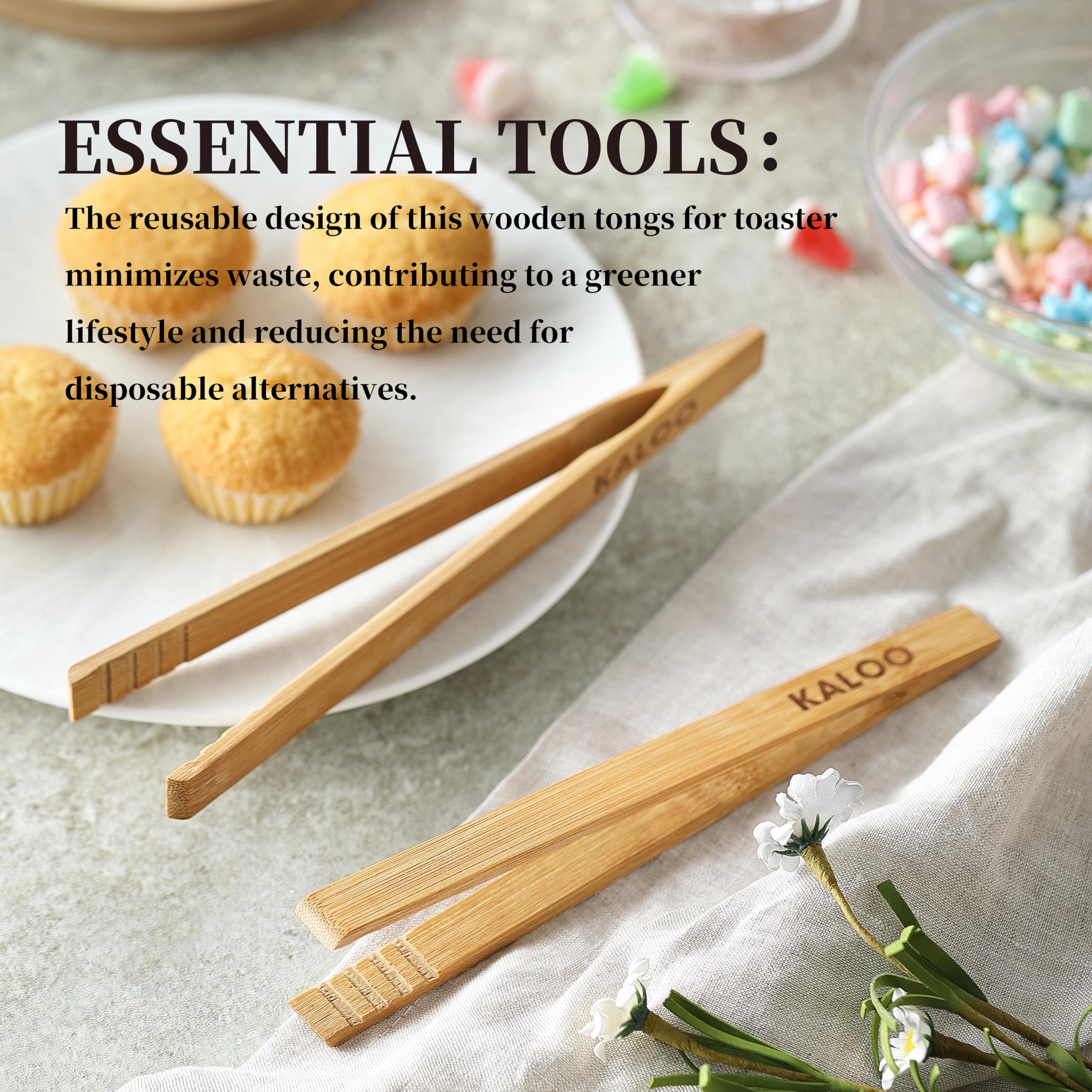 2PCS Reusable Toaster Tongs, Kaloo 8 inch Wooden Cooking Tong, Multipurpose Bamboo Tongs for Fruits, Bread, Pickles, cheese, Bacon, and Muffins