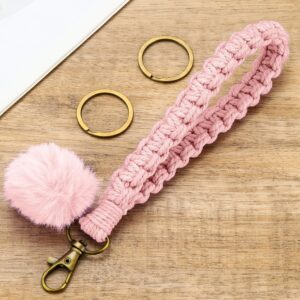 Gkeygo Wristlet Keychain Woven Wrist Lanyard for Keys, Key Chain with 2 Key Rings for Women Car Keys ID Badges - Pink