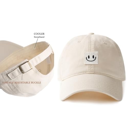 FURTALK Smile Face Baseball Cap for Women Men Adjustable Unstructured Washed Low Profile Baseball Hat Beige