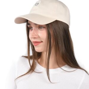 FURTALK Smile Face Baseball Cap for Women Men Adjustable Unstructured Washed Low Profile Baseball Hat Beige