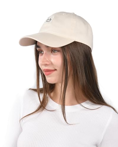 FURTALK Smile Face Baseball Cap for Women Men Adjustable Unstructured Washed Low Profile Baseball Hat Beige