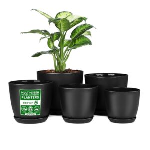 lifemaster plant pots with multi drainage holes - 5 pieces versatile, sturdy plastic, stackable design home decor flower pots for indoor and outdoor gardening - black