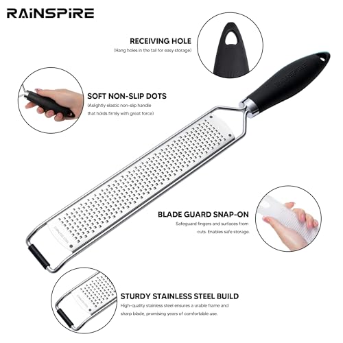 Rainspire Zester Grater with Handle, Lemon Zester Cheese Grater for Kitchen Stainless Steel, Parmesan Cheese Garlic Nutmeg Chocolate Fruits Vegetables Ginger Grater, Fine, Black