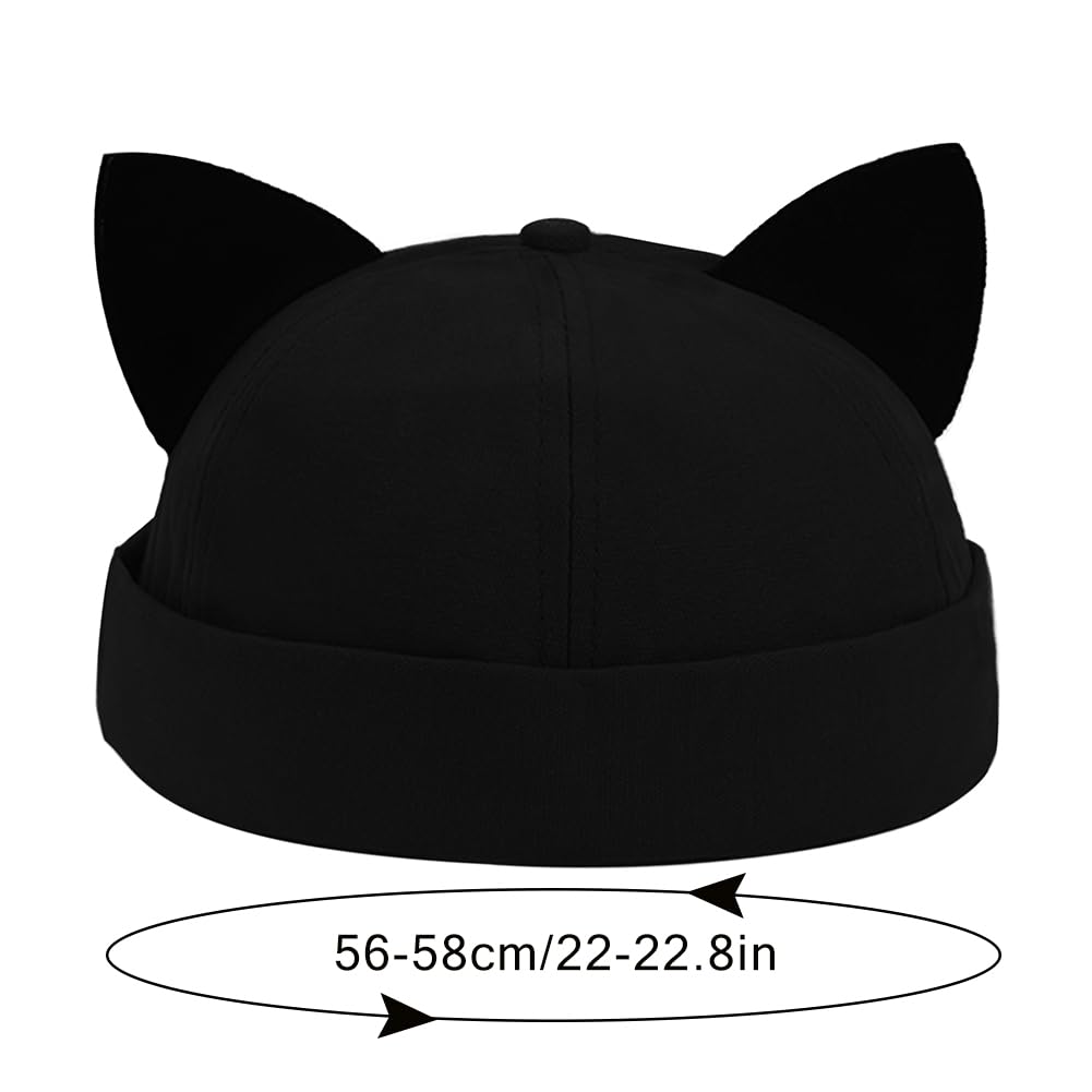 Black Cat Ear Docker Cap Brimless Hats Beanie for Women Men Skull Cap Worker Sailor Cap Rolled Cuff Retro Docker Hat