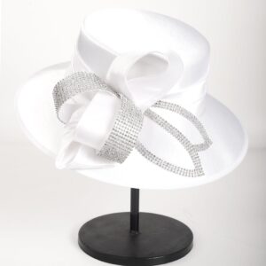 HISSHE Womens Church Derby Dress Hat Wide Brim Crystal Tea Party Wedding Hats (White)