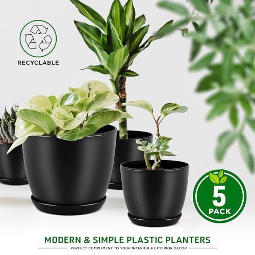 Lifemaster Plant Pots with Multi Drainage Holes - 5 Pieces Versatile, Sturdy Plastic, Stackable Design Home Decor Flower Pots for Indoor and Outdoor Gardening - Black