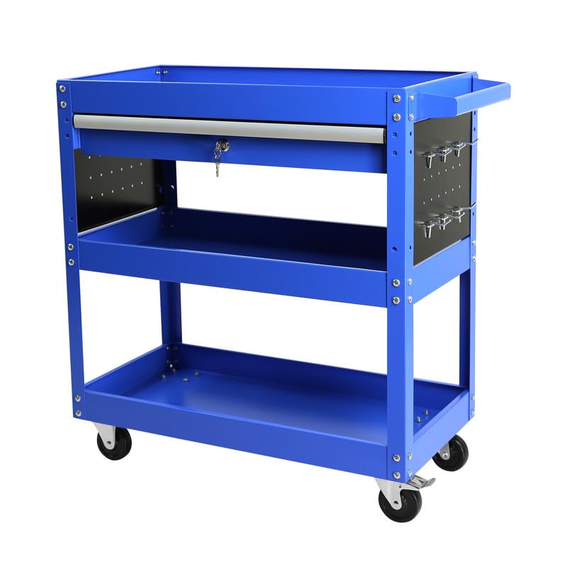 Heavy Duty 3 Tier Rolling Tool Cart with 1-Drawer,Service Cart Tool Organizer with Locking,Utility Cart Industrial Storage with Wheels and Handle for Warehouse,Garage,Workshop,Mechanic,Blue