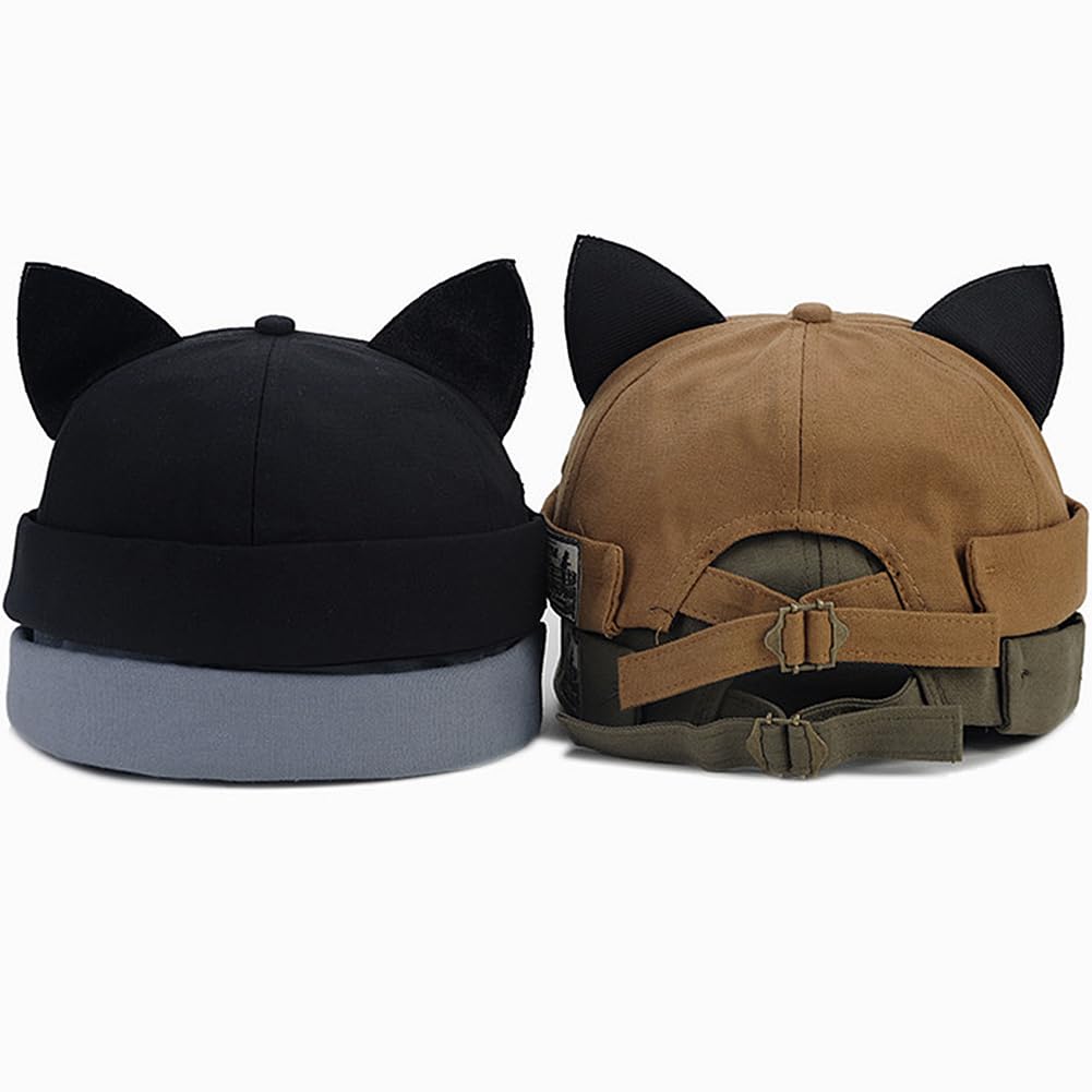 Black Cat Ear Docker Cap Brimless Hats Beanie for Women Men Skull Cap Worker Sailor Cap Rolled Cuff Retro Docker Hat