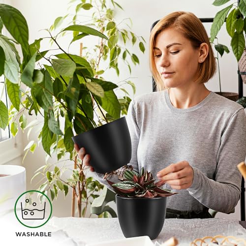 Lifemaster Plant Pots with Multi Drainage Holes - 5 Pieces Versatile, Sturdy Plastic, Stackable Design Home Decor Flower Pots for Indoor and Outdoor Gardening - Black