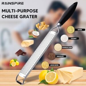 Rainspire Zester Grater with Handle, Lemon Zester Cheese Grater for Kitchen Stainless Steel, Parmesan Cheese Garlic Nutmeg Chocolate Fruits Vegetables Ginger Grater, Fine, Black