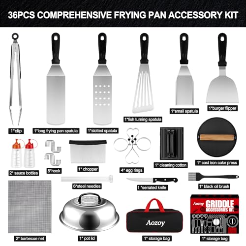 Griddle Accessories Kit - 36PCS Flat Top Grill Accessories for Blackstone and Camp Chef Metal Spatula Tools Set with Burger Press Scraper Tongs Carry Bag for Outdoor Grilling BBQ Cooking