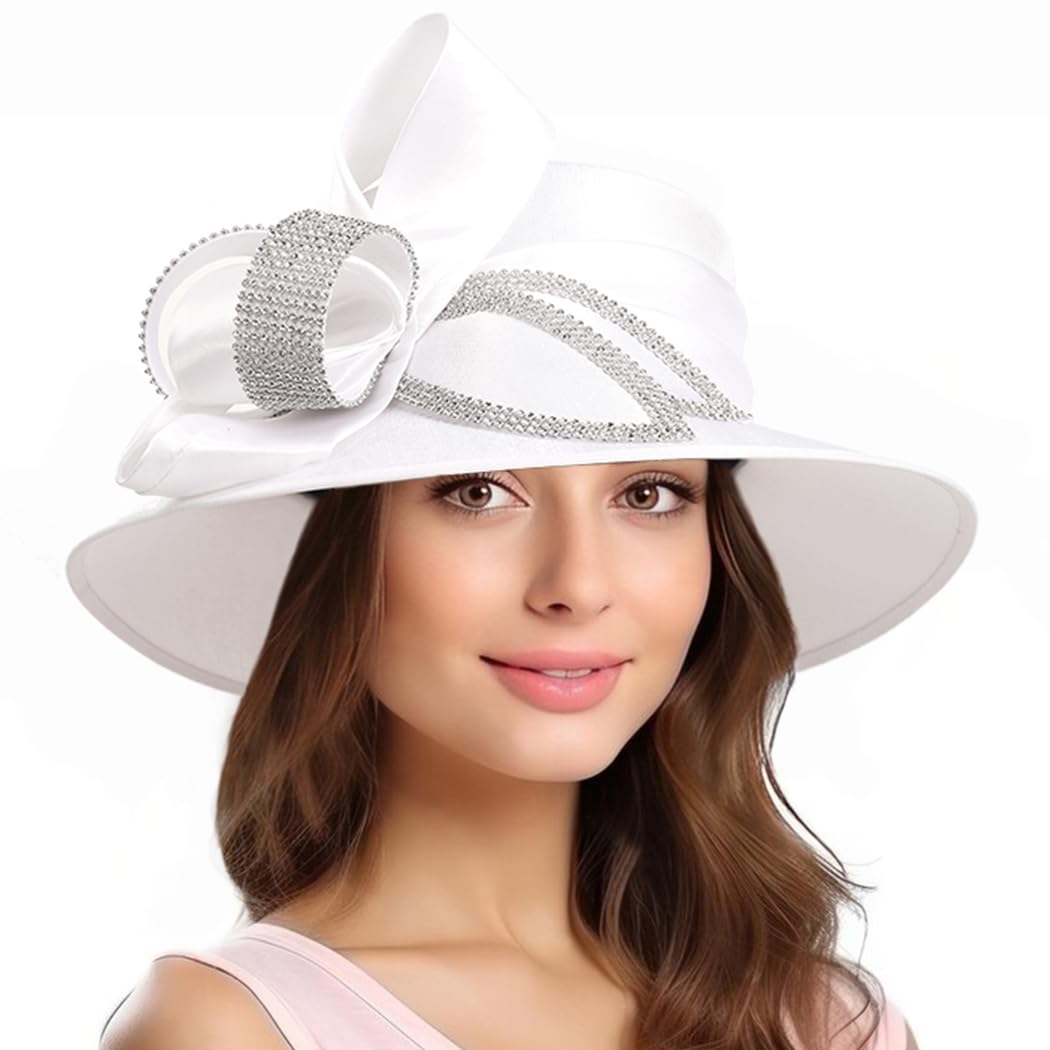 HISSHE Womens Church Derby Dress Hat Wide Brim Crystal Tea Party Wedding Hats (White)