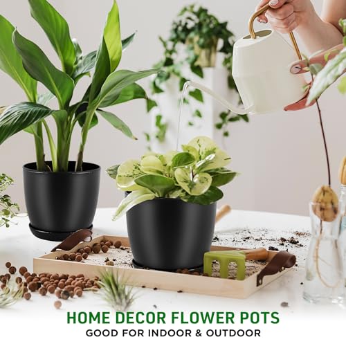 Lifemaster Plant Pots with Multi Drainage Holes - 5 Pieces Versatile, Sturdy Plastic, Stackable Design Home Decor Flower Pots for Indoor and Outdoor Gardening - Black