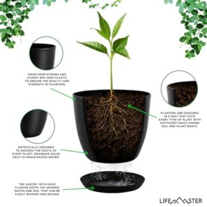 Lifemaster Plant Pots with Multi Drainage Holes - 5 Pieces Versatile, Sturdy Plastic, Stackable Design Home Decor Flower Pots for Indoor and Outdoor Gardening - Black