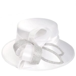 HISSHE Womens Church Derby Dress Hat Wide Brim Crystal Tea Party Wedding Hats (White)