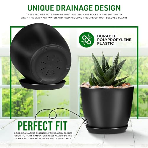 Lifemaster Plant Pots with Multi Drainage Holes - 5 Pieces Versatile, Sturdy Plastic, Stackable Design Home Decor Flower Pots for Indoor and Outdoor Gardening - Black