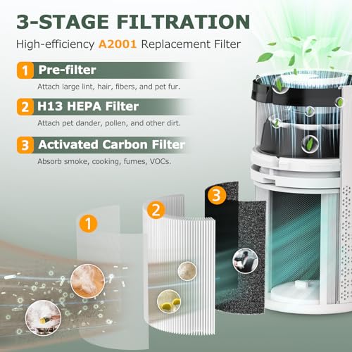 A2001 Replacement Filter Compatible with A2001 Air Purifie-r, 3-In-1 H13 True HEPA Activated Carbon Filter, Compared to Part #AF-2001, 2 Pack