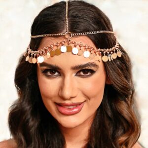 Aukmla Sequin Boho Head Chain Jewelry Gold Headpiece Hair Chains Festival Costume Headband Hair Accessories for Women and Girls