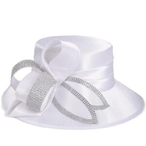 PGTEN Women Satin Dress Church Derby Hats w/Rhinestones - Elegant Headwear for Special Occasions White