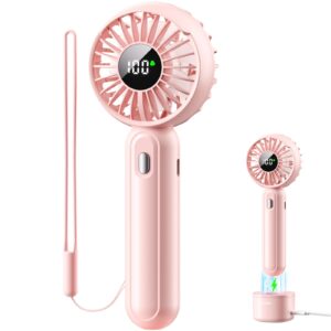 handheld fan with 𝗪𝗶𝗿𝗲𝗹𝗲𝘀𝘀 charging base, 3 speeds portable fan with digital display, 2000mah battery operated hand held fan, handheld/desk 2 in 1 personal fan lash fan makeup fan (pink)