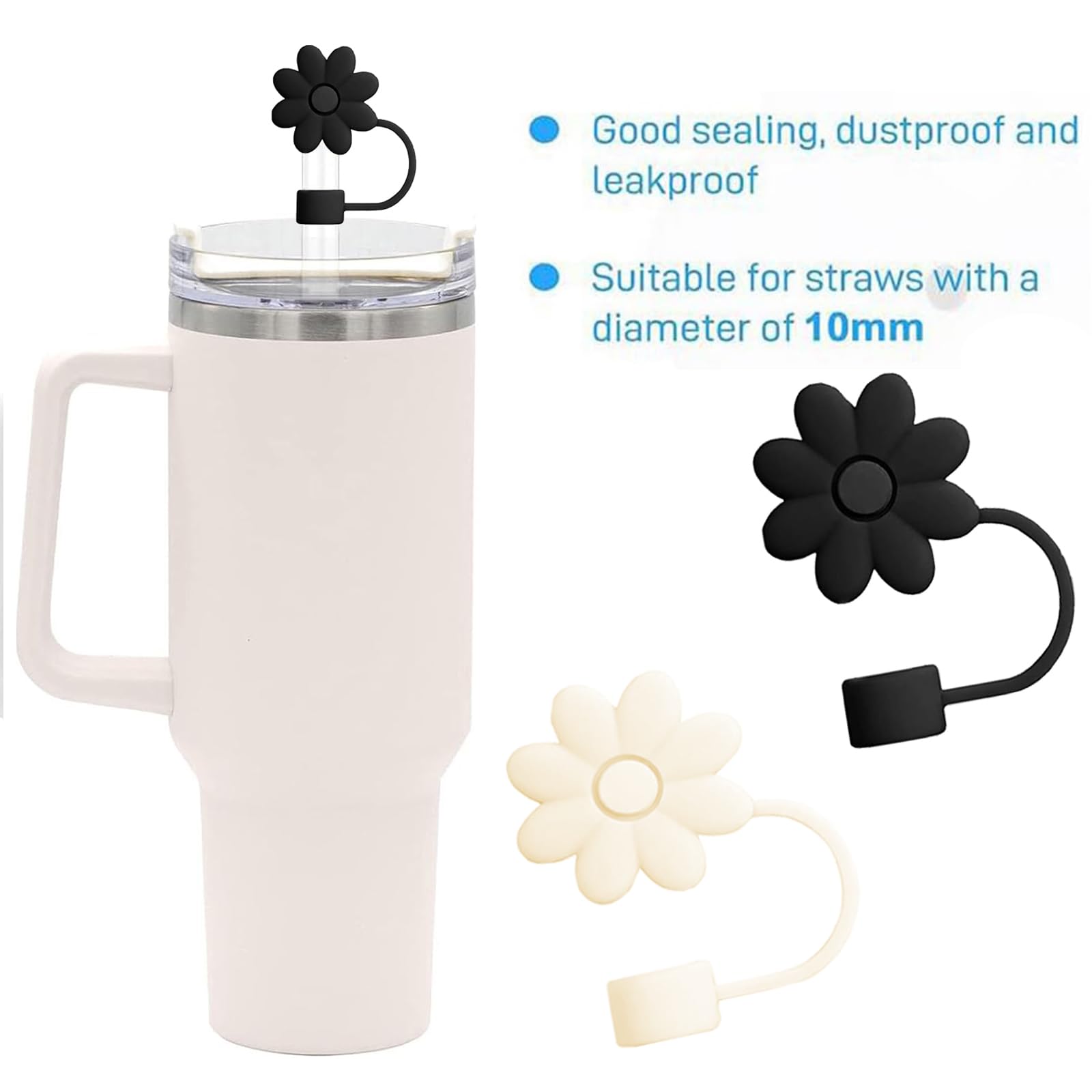 Avky 4 Pcs Straw Cover Cap for Stanley Cup, 10mm 0.4in Flower Shape Straw Covers Cap with 30&40 Oz Tumbler with Handle Dust-Proof Reusable Straw Tips Lids Black & Off White