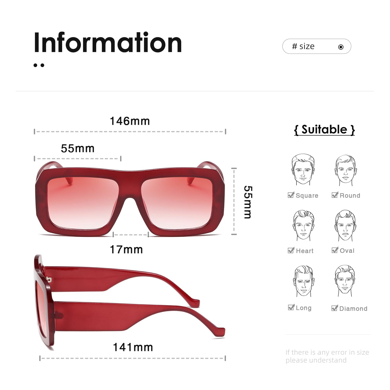 kimorn Sunglasses Womens Men Trendy Retro Sun Glasses Oversize Square Frame Shades K1571 (Red+Gradient Red Lens)