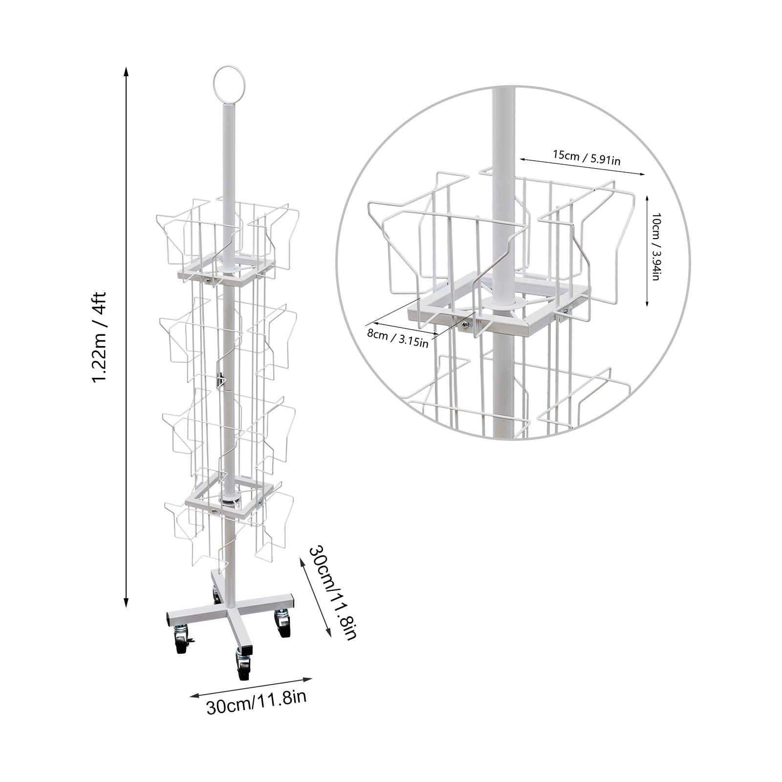 LIYUANJUN 4 Tiered Greeting Card Display Stand, Card Display Rack with 16 Card Pockets & 4 Universal Wheels X-shaped Base Magazine Holder Trade Show Literature Rack for Grocery Retail Store, White