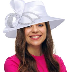 PGTEN Women Satin Dress Church Derby Hats w/Rhinestones - Elegant Headwear for Special Occasions White