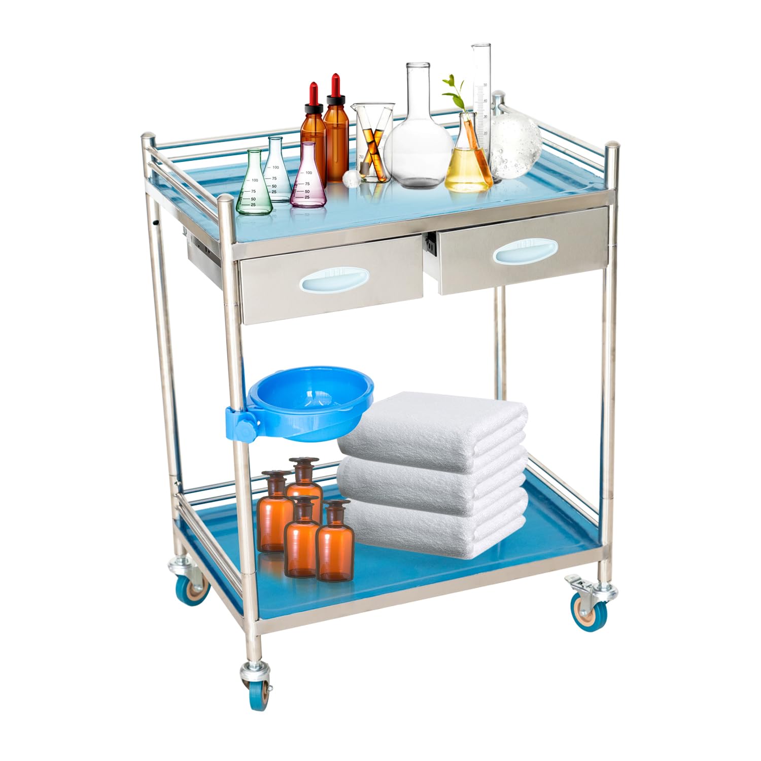 DIYTUNINGS Stainless Steel Lab Serving Cart 2-Tier Utility Cart Medical Storage Cart with Two Drawers for Lab Equipment Use Utility Services