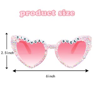 HokiiS Birthday Glasses for Women, Birthday Queen Sunglasses Pink Heart Shaped Shiny Bling Diamond Pearl Sunglasses for Girl Happy Birthday Party Gift Supplies Accessories Favors