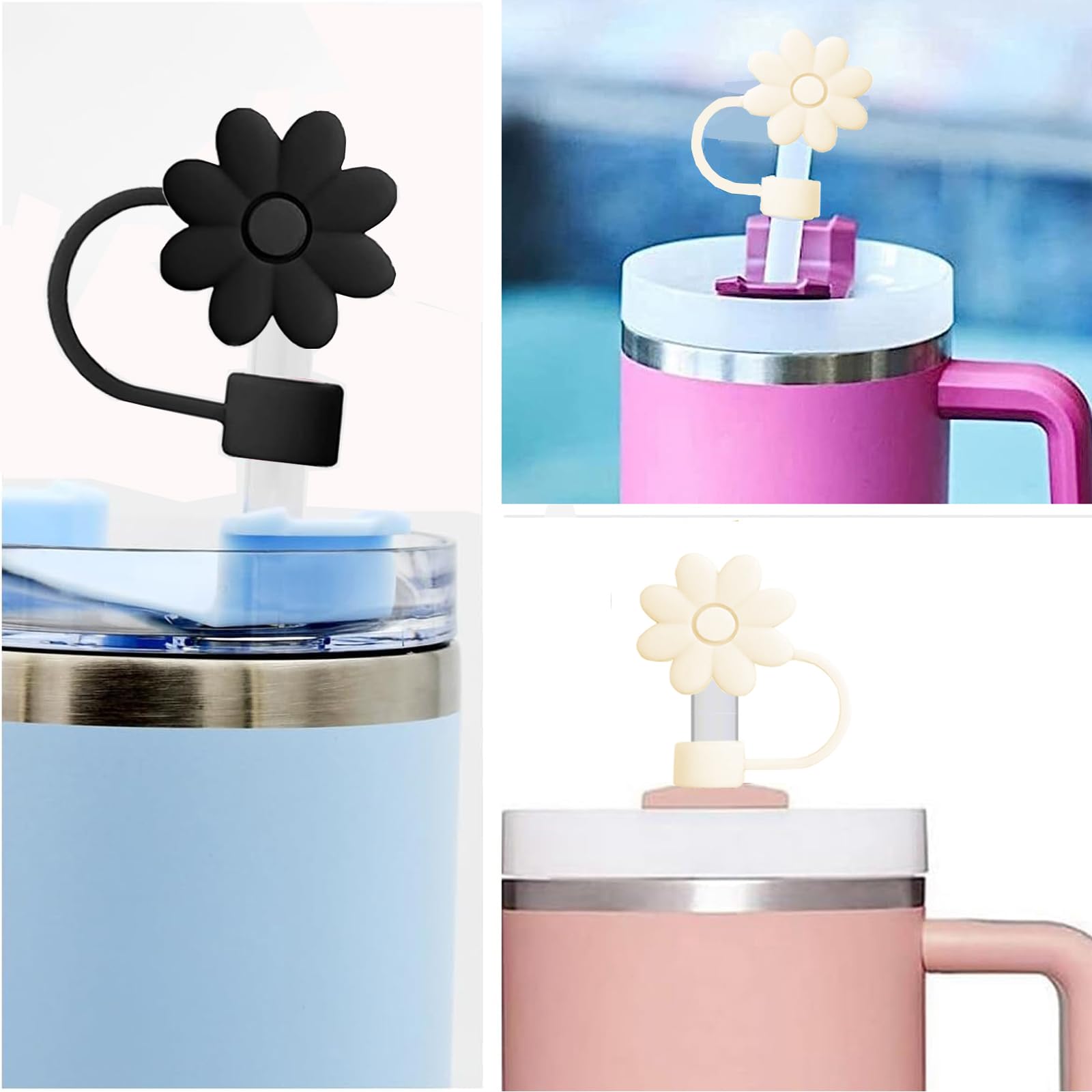 Avky 4 Pcs Straw Cover Cap for Stanley Cup, 10mm 0.4in Flower Shape Straw Covers Cap with 30&40 Oz Tumbler with Handle Dust-Proof Reusable Straw Tips Lids Black & Off White