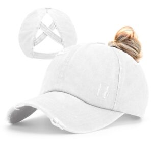 epsoco womens criss cross ponytail baseball cap washed distressed ponytail hat adjustable high messy bun trucker ponycap for outdoor sports white