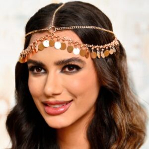 Aukmla Sequin Boho Head Chain Jewelry Gold Headpiece Hair Chains Festival Costume Headband Hair Accessories for Women and Girls