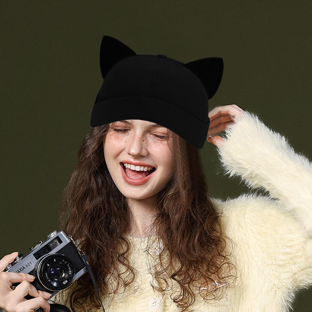 Black Cat Ear Docker Cap Brimless Hats Beanie for Women Men Skull Cap Worker Sailor Cap Rolled Cuff Retro Docker Hat