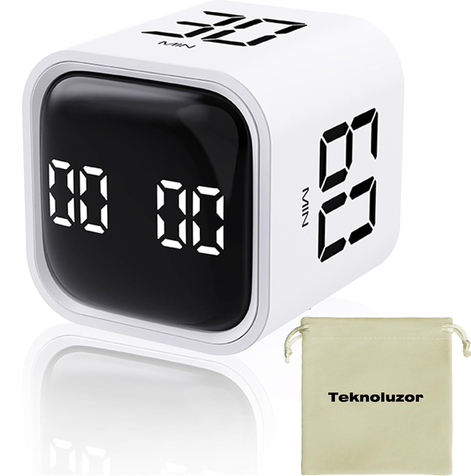 Teknoluzor Digital Cube Pomodoro Timer Productivity Timer kitchen Timer Desk Timer 5/10/30/60min & Custom Countdown, Vibration & Adjustable Sound Alarm,for Task Work Cooking ADHD Kids Studying (White)